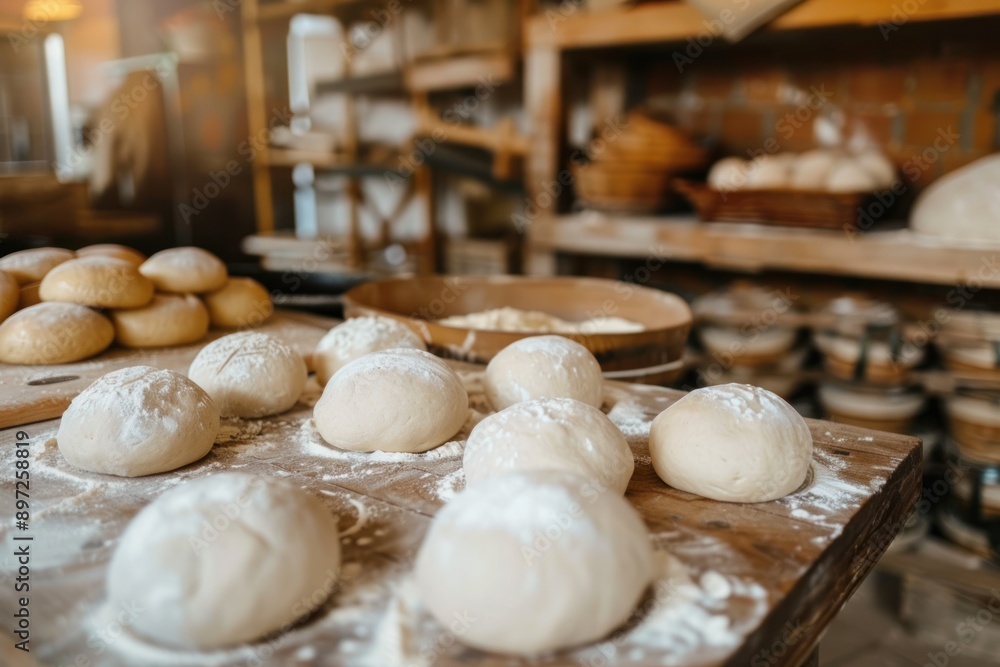 fresh dough balls or buns in table in bakery fresh dough balls or buns in table in bakery