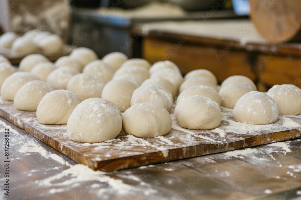 fresh dough balls or buns in table in bakery fresh dough balls or buns in table in bakery