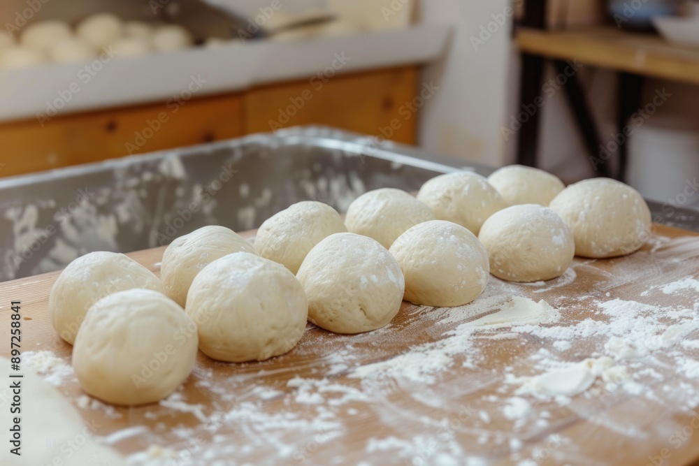 fresh dough balls or buns in table in bakery fresh dough balls or buns in table in bakery