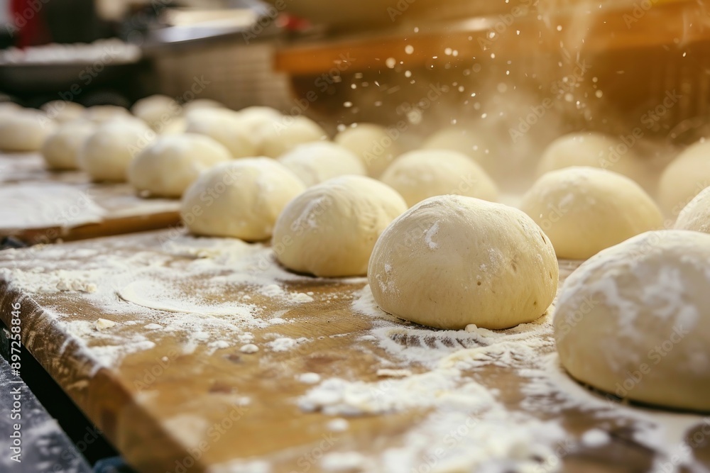 fresh dough balls or buns in table in bakery fresh dough balls or buns in table in bakery