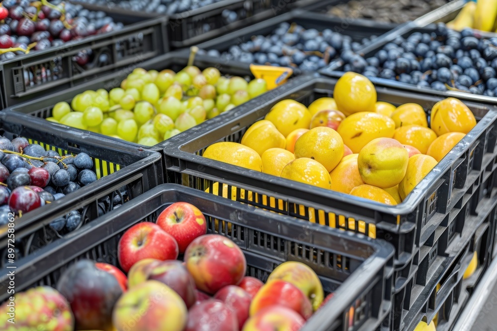 fresh fruits on crates on shop market fresh fruits on crates on shop market