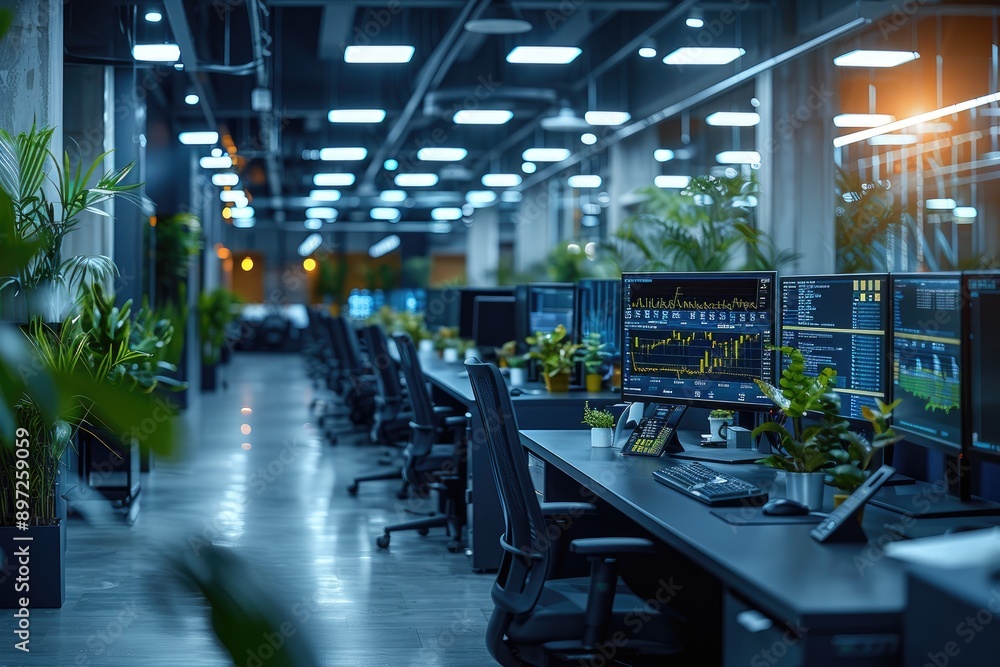 Modern Tech Office with Biophilic Design and Financial Data Displays Modern Tech Office with Biophilic Design and Financial Data Displays