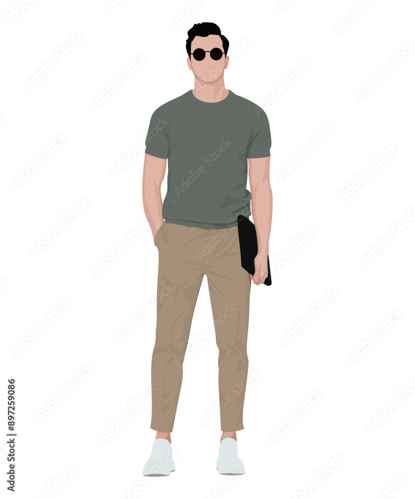 Vector illustration of a man in a green t-shirt, beige pants and white sneakers. Completed with black glasses and a black bag. Vector illustration of a man in a green t-shirt, beige pants and white sneakers. Completed with black glasses and a black bag.