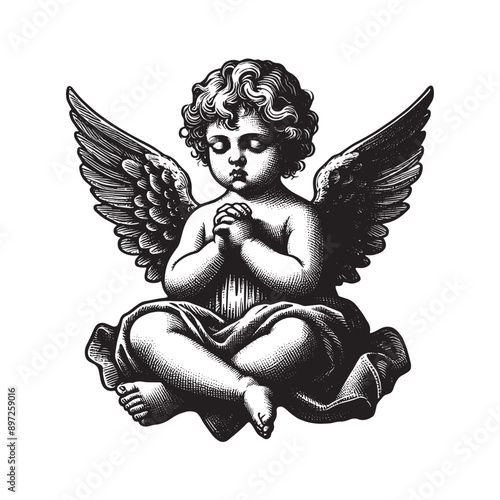 Praying little cute baby angel. vintage engraving black outline illustration. Isolated object, emblem. Vector	