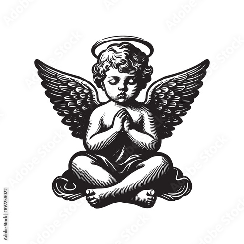 Praying little cute baby angel. vintage engraving black outline illustration. Isolated object, emblem. Vector	