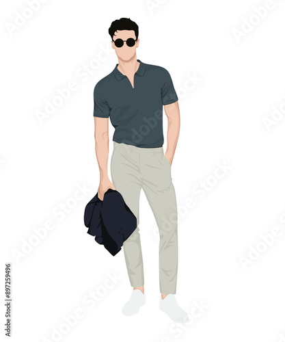 Vector illustration of a man in a blue polo shirt, light pants and white sneakers. Complemented by black glasses and a jacket in hand.