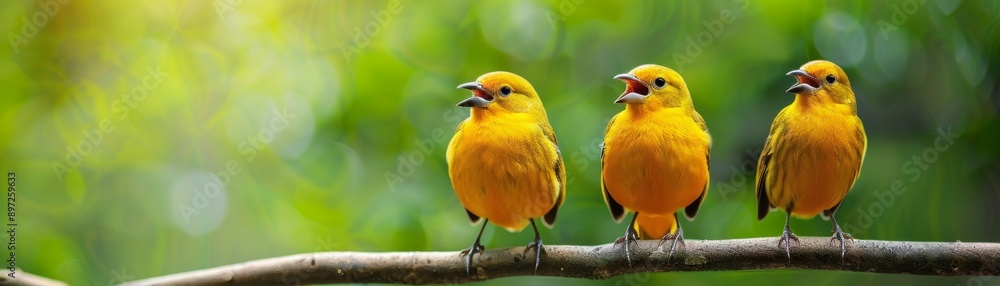 three yellow canaries singing on a branch with a green blurred background in a natural habitat. three yellow canaries singing on a branch with a green blurred background in a natural habitat.