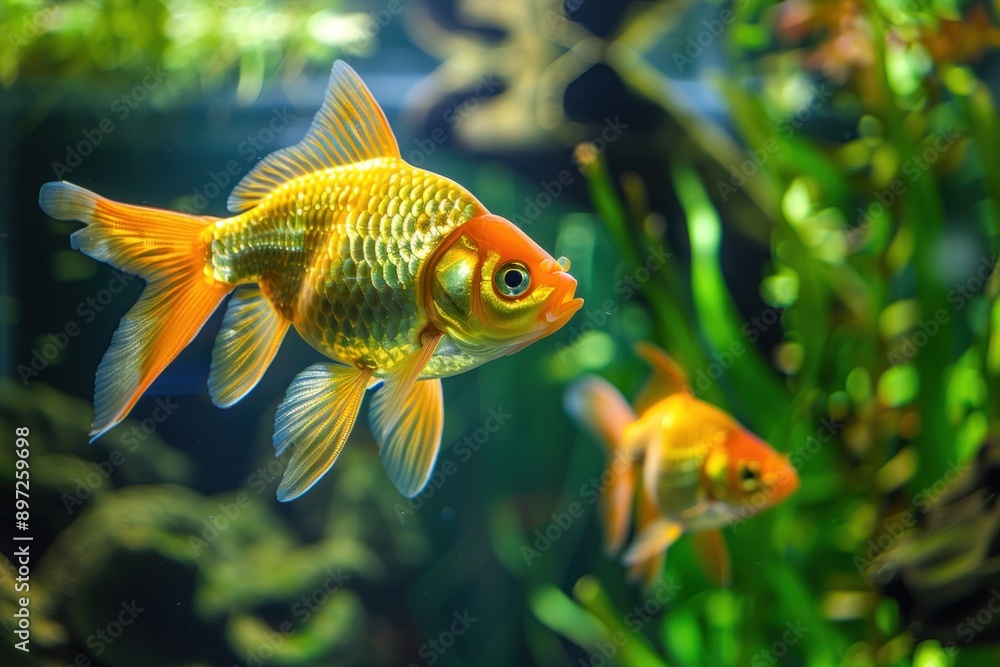 golden fish in aquarium with aquatic plants golden fish in aquarium with aquatic plants