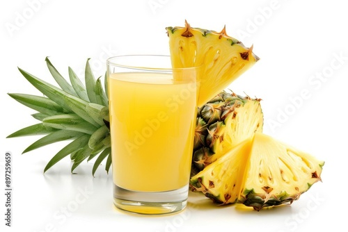 Glass of Refreshing Pineapple Juice with Fruit Slices on White Background