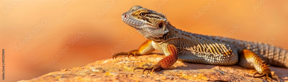 close-up portrait of a bearded dragon lizard basking on a rock with a warm orange background in the desert close-up portrait of a bearded dragon lizard basking on a rock with a warm orange background in the desert