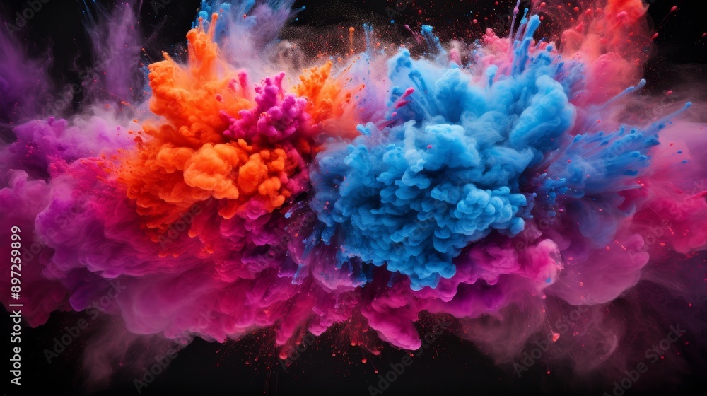 Vibrant color powder splash abstract on black backdrop for holi celebration with explosive burst Vibrant color powder splash abstract on black backdrop for holi celebration with explosive burst