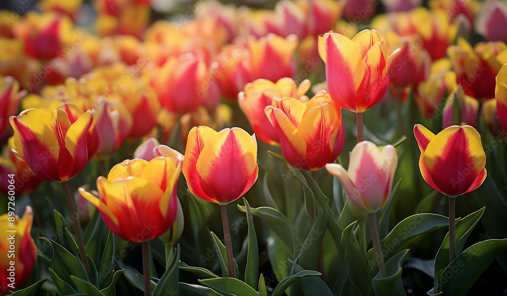 Obraz premium a field of red and yellow tulips with green leaves in the foreground and a yellow and red stripe in the middle