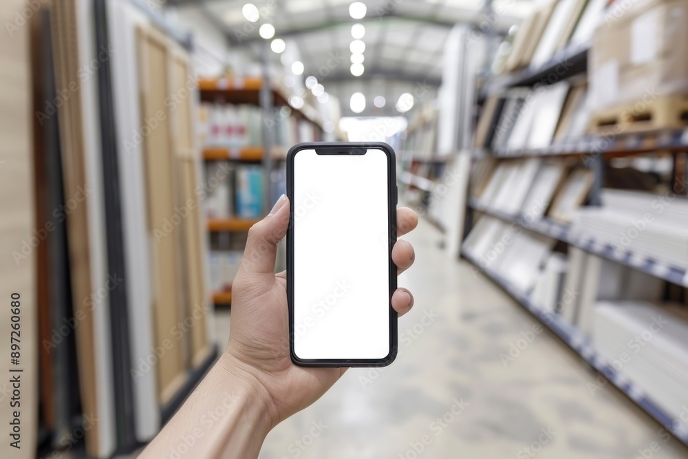 hand holding smart phone with blank screen in building materials store hand holding smart phone with blank screen in building materials store