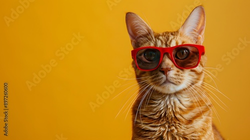 Ginger tabby cat wearing oversized red sunglasses, whimsical pet portrait, gradient light yellow background, soft studio lighting, high-detail fur texture.