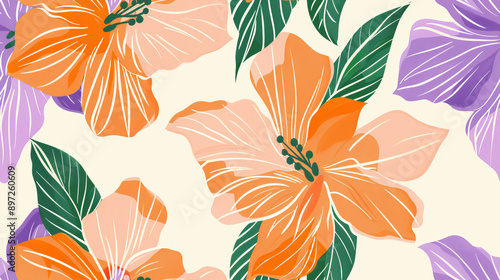Bright orange and purple floral pattern with creamy texture and vintage inspiration, suitable for design and textile purposes.