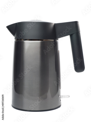 Electric kettle in a brushed metal finish and a black handle, side view studio shot isolated on white background