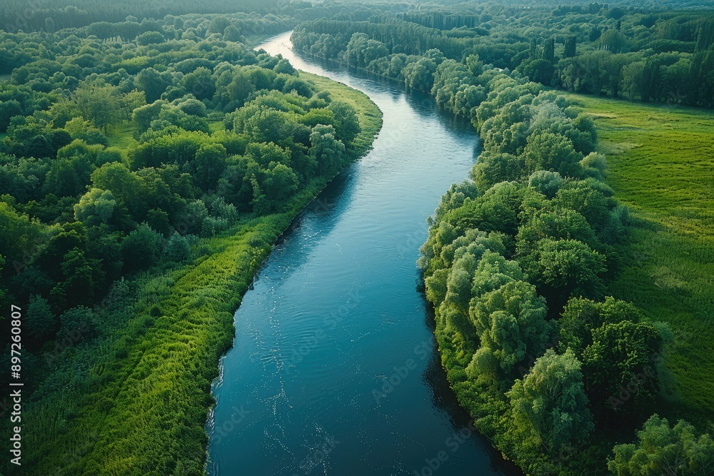 A winding river flows through a lush green forest a serene aerial view showcasing natures beauty A winding river flows through a lush green forest a serene aerial view showcasing natures beauty