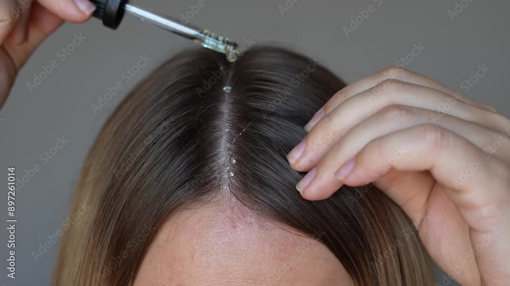Young blonde woman applying essential cosmetic burdock oil with a dropper to the parting of the head with hands to strengthen, activate hair growth and reduce hair loss on a dark grey background Young blonde woman applying essential cosmetic burdock oil with a dropper to the parting of the head with hands to strengthen, activate hair growth and reduce hair loss on a dark grey background