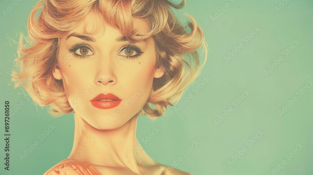 Portrait of a Woman with Short Curly Hair and Bold Red Lips. Glamorous Beauty Shot Featuring Classic Vintage Style and Soft Pastel Background. Elegant and Chic Woman Portrait Portrait of a Woman with Short Curly Hair and Bold Red Lips. Glamorous Beauty Shot Featuring Classic Vintage Style and Soft Pastel Background. Elegant and Chic Woman Portrait