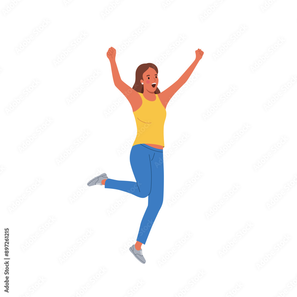 Happy woman with raised hands. Vector flat style cartoon illustration Happy woman with raised hands. Vector flat style cartoon illustration