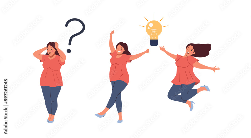 Young woman with question mark in think bubble and finding new idea. Shiny light bulb. Flat style cartoon vector illustration. Young woman with question mark in think bubble and finding new idea. Shiny light bulb. Flat style cartoon vector illustration.