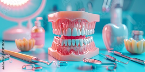 Close-up of Dental Instruments and Artificial Teeth in a Modern Dentist Office photo