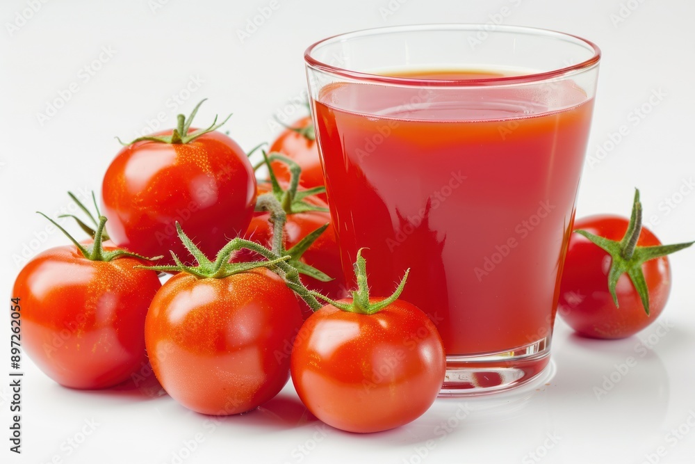 Healthy Tomato Juice with Fresh Tomatoes on White Background Healthy Tomato Juice with Fresh Tomatoes on White Background