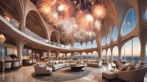 A highly realistic architectural digest ignorant beautiful undulating glowing interior huge tall space for experience sales center Vision in Palm Jebel Ali, extreme detail, long exposure photography, 