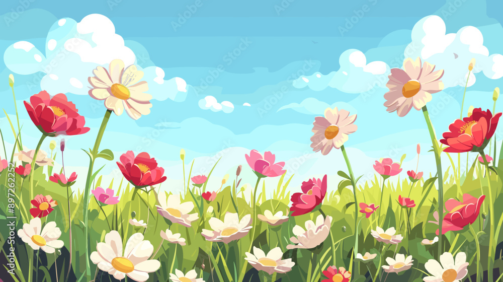 Fototapeta premium meadow with wildflowers vector cartoon illustration background