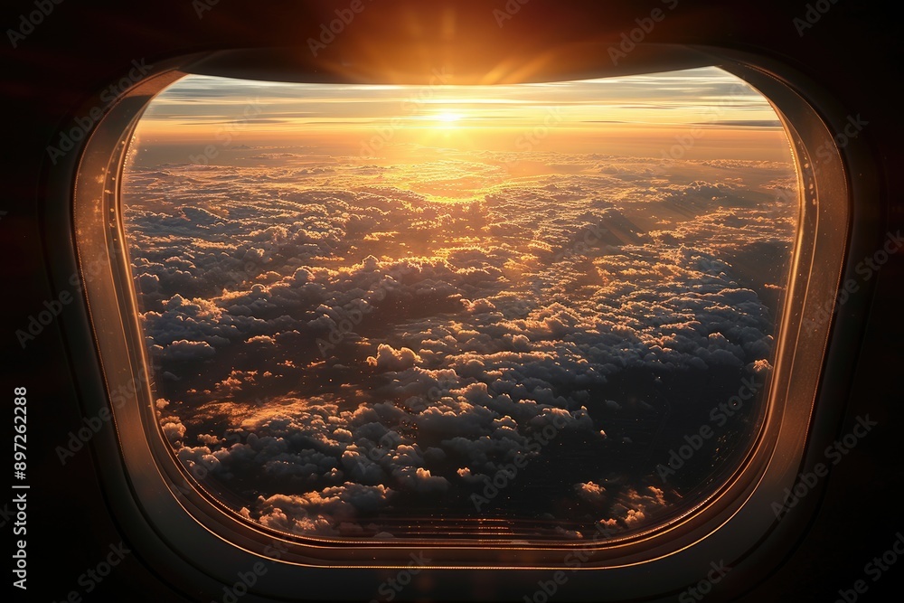 Golden rays of sunlight illuminate a vast expanse of clouds seen from the window of an airplane Golden rays of sunlight illuminate a vast expanse of clouds seen from the window of an airplane