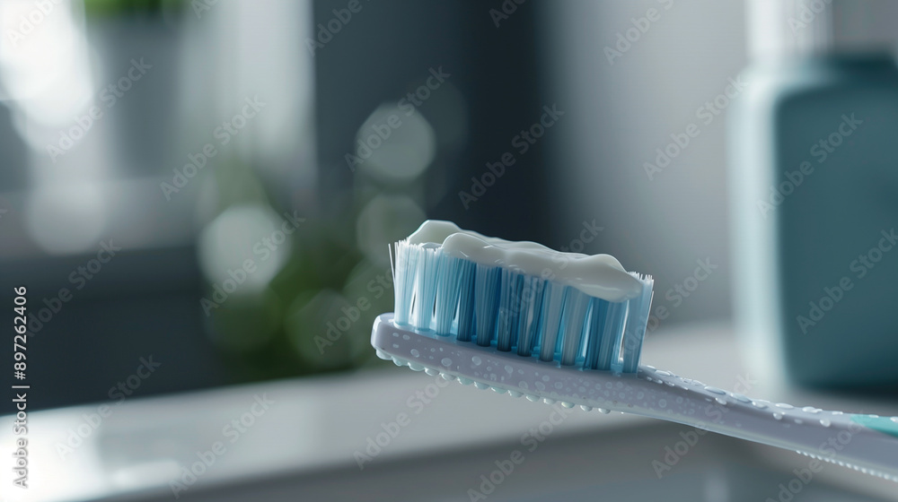 A toothbrush with toothpaste on bristles close up healthcare photo A toothbrush with toothpaste on bristles close up healthcare photo