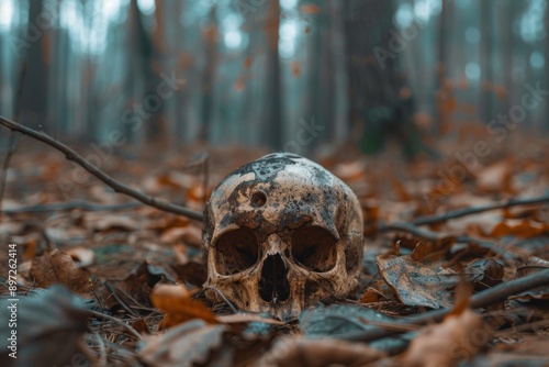 human skull on forest scary background