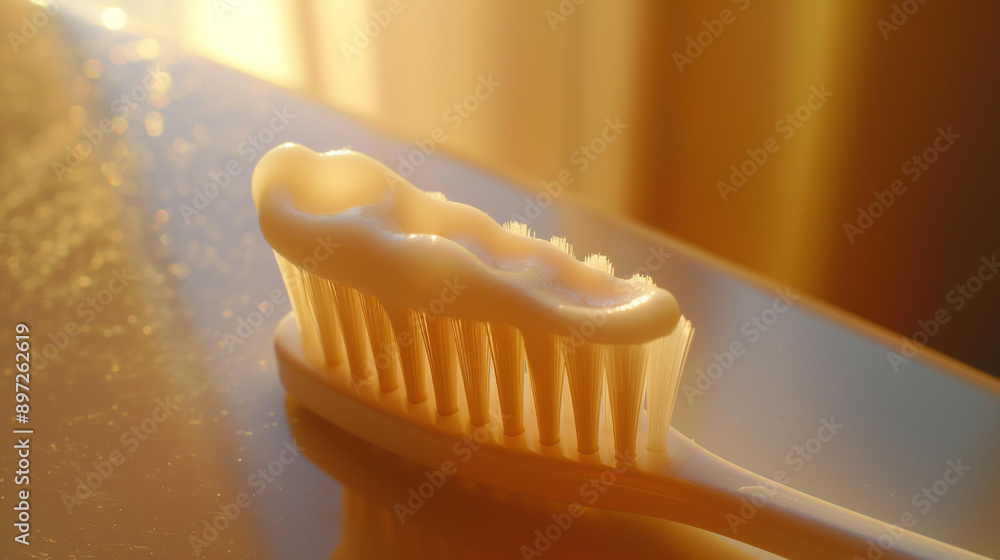 A toothbrush with toothpaste on bristles close up healthcare photo A toothbrush with toothpaste on bristles close up healthcare photo