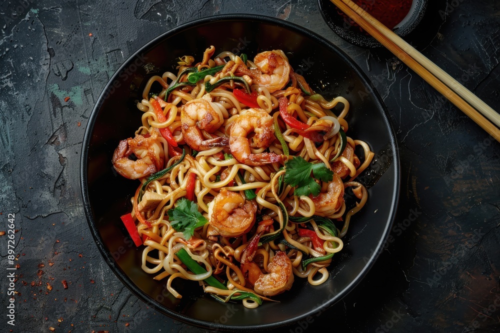 Black Bowl of Udon Noodles with Shrimp, Vegetables, and Parsley Black Bowl of Udon Noodles with Shrimp, Vegetables, and Parsley