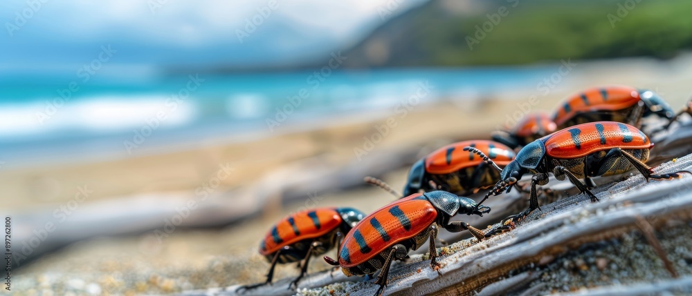 red and black beetles on driftwood branch with beach and ocean background - tropical insect macro photography. red and black beetles on driftwood branch with beach and ocean background - tropical insect macro photography.