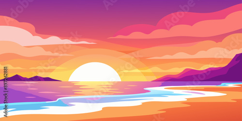 Breathtaking sunset over a pristine beach. Sunset or dawn on the sea background. Deserted beach at sunset.  Trendy flat style vector illustration.