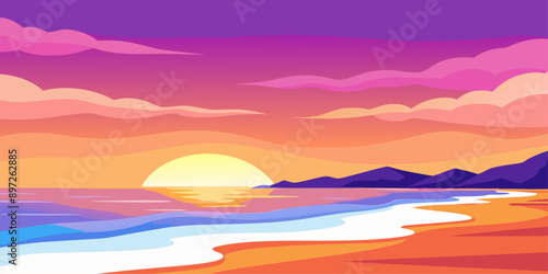 Breathtaking sunset over a pristine beach. Sunset or dawn on the sea background. Deserted beach at sunset.  Trendy flat style vector illustration.
