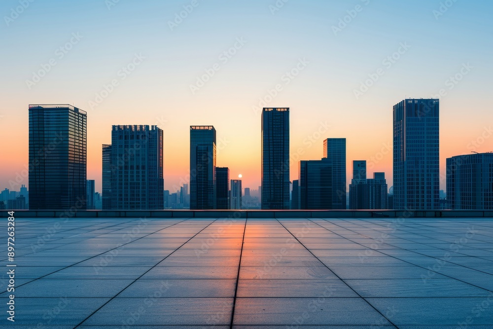 Obraz premium urban skyline at sunset with empty square and cityscape view