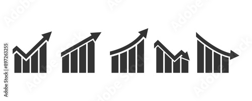 Up and down graph chart vector icon set. growth increase and decrease sign. economy rise and decline symbol. upward or downward trend bar chart icon