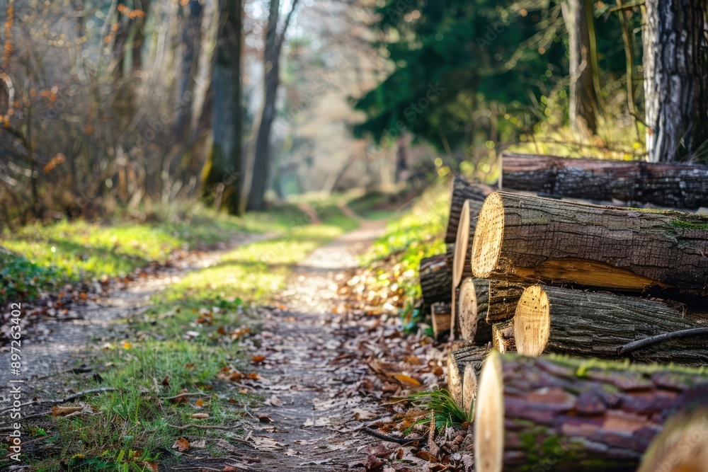 landscape in nature with path and tree trunk logs. woodpile and deforestation landscape in nature with path and tree trunk logs. woodpile and deforestation
