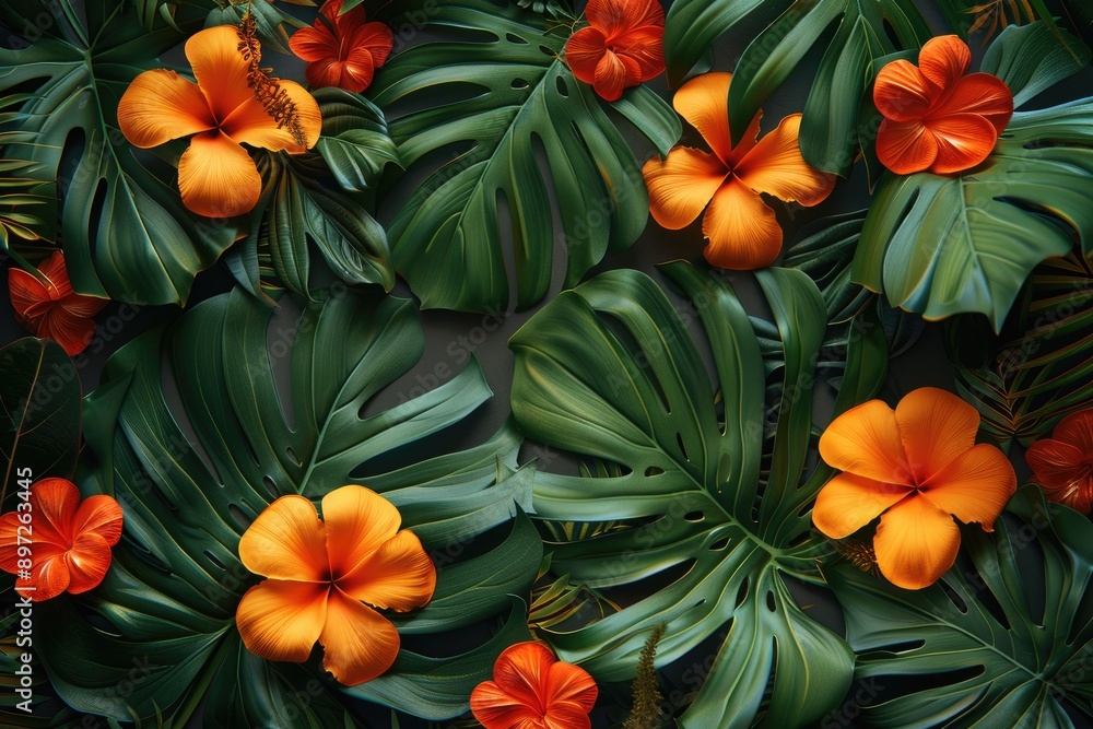 Lush green tropical leaves with vibrant orange and red flowers create a vibrant jungle backdrop Lush green tropical leaves with vibrant orange and red flowers create a vibrant jungle backdrop
