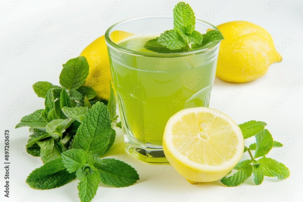 Lemon juice with mint in a glass on a white isolated background Lemon juice with mint in a glass on a white isolated background