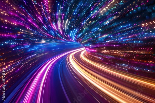 Light speed, hyperspace, space warp background. colorful streaks of light gathering towards the event horizon