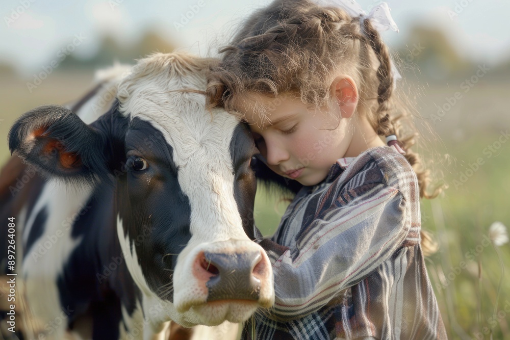little girl with a cow in the countryside. farm and livestock Stock ...
