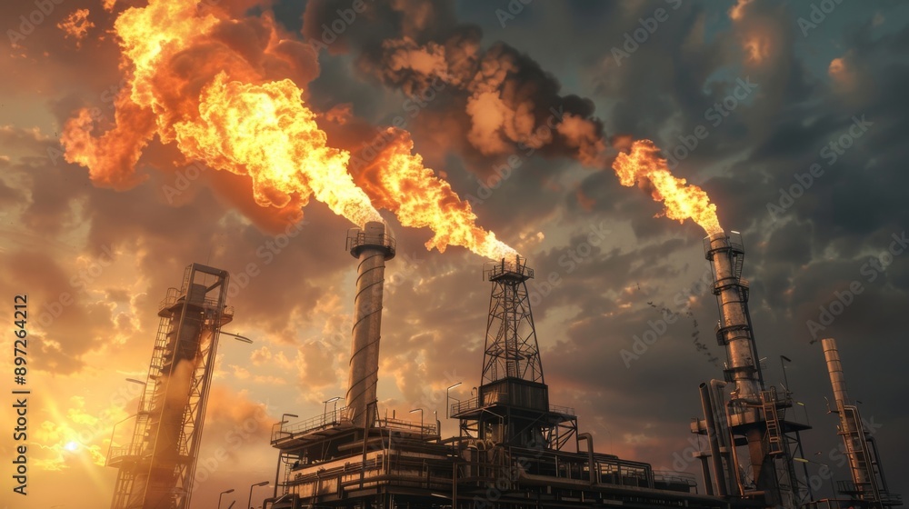 Obraz premium An oil rig with flare stacks burning, releasing gases safely