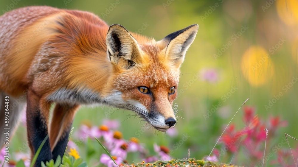 red fox in a field of wildflowers - closeup portrait of a curious fox with alert expression. red fox in a field of wildflowers - closeup portrait of a curious fox with alert expression.