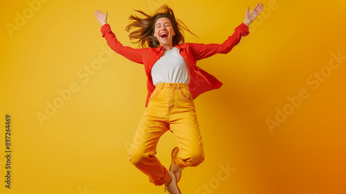 Photo of young a lady jumping against a pastel background.    