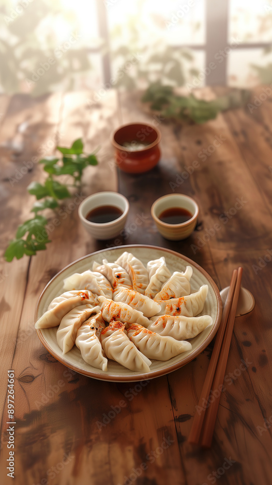 Dumplings and sauces on the wooden table, traditional Chinese food.
Dumplings and sauces on the wooden table, traditional Chinese food.