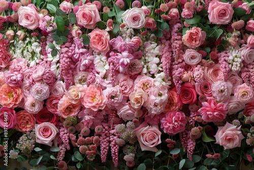A symphony of delicate pink flowers and verdant foliage creates a lush and vibrant floral arrangement