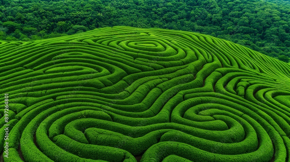 aerial view of lush green tea plantation designed as a labyrinth or maze in rolling hills - organic agriculture concept aerial view of lush green tea plantation designed as a labyrinth or maze in rolling hills - organic agriculture concept